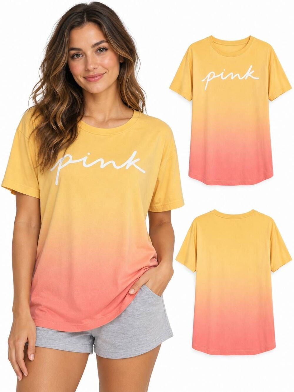Victoria’s Secret PINK Ombre Sleep Tee Women’s XS Yellow to Coral Gradient